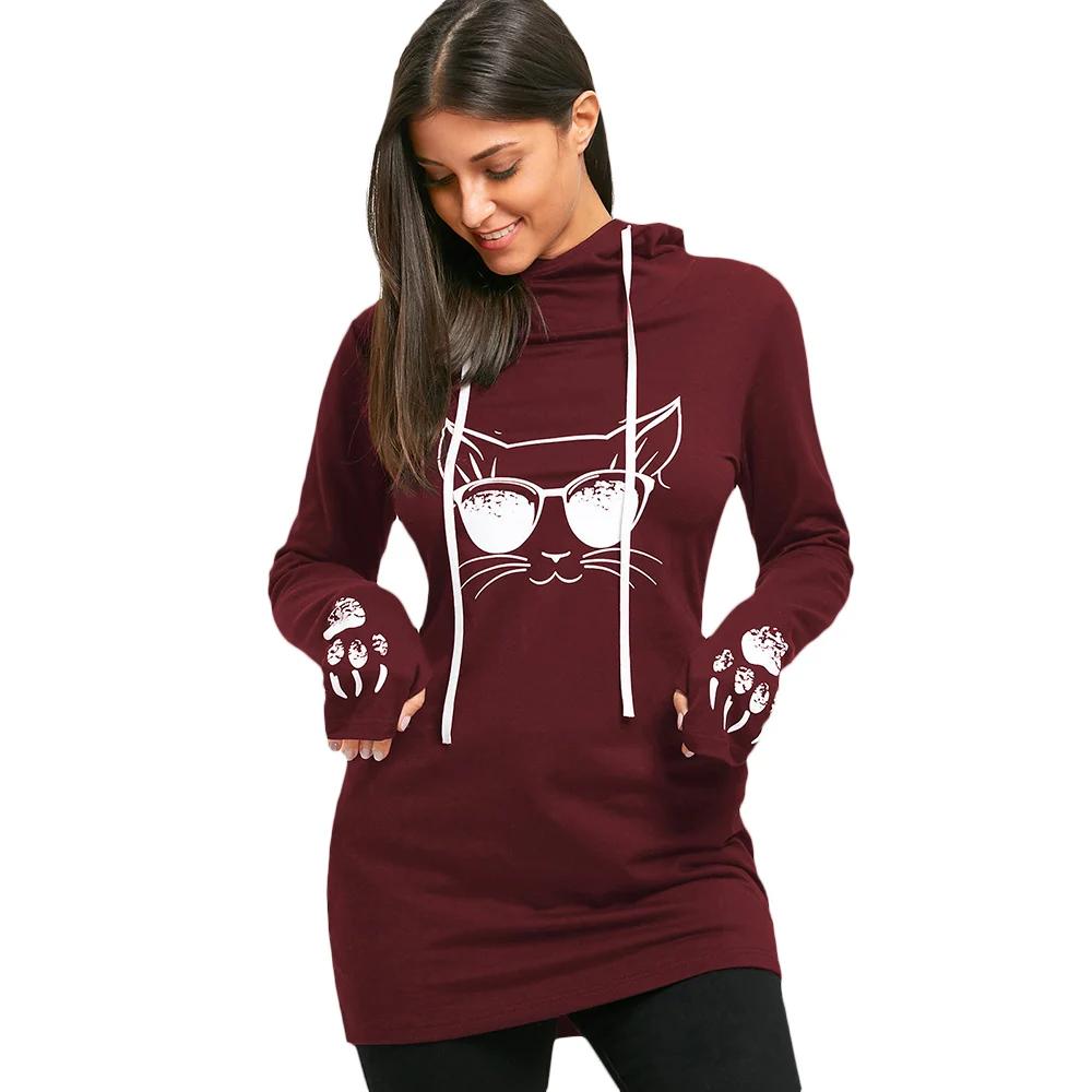 Женская толстовка с капюшоном VESTLINDA зимняя туника худи принтом кота Модный