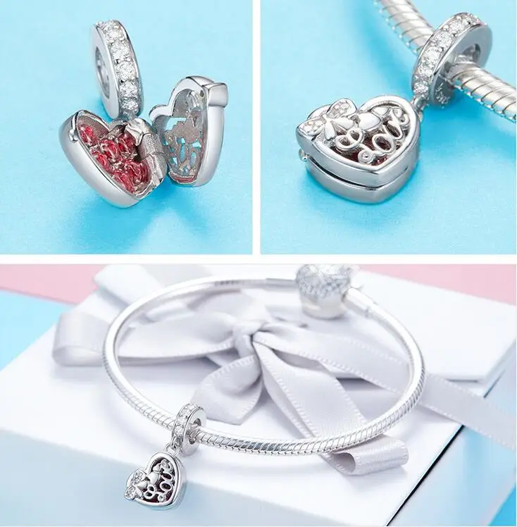 Fit Pandora браслет 925 серебро красный цирконовое сердце открытый Подарочная коробка Подвески для влюбленных кулон бусины DIY