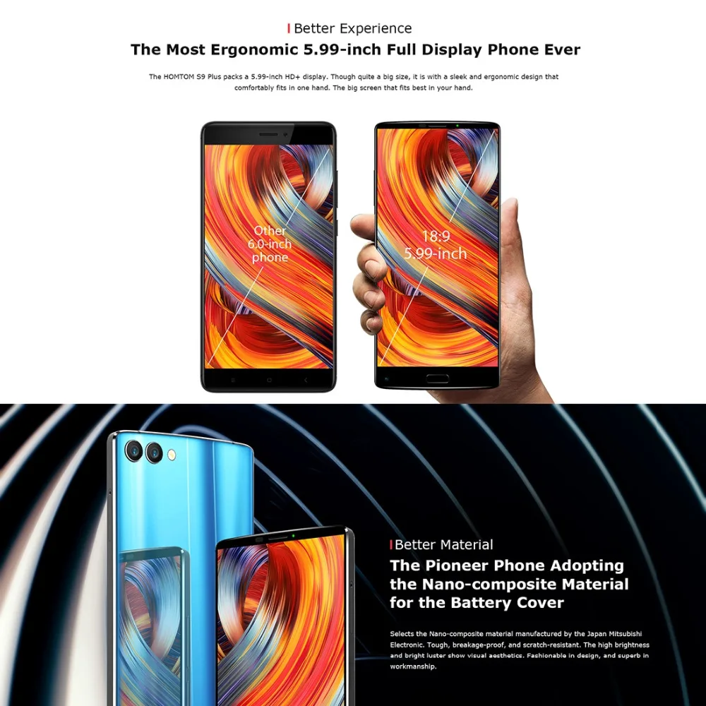Мобильный телефон HOMTOM S9 Plus, 5,99 дюймов, 4 Гб ОЗУ, 64 Гб ПЗУ, Восьмиядерный процессор MTK6750T, Android 7,0, 4050 мАч, двойная задняя камера, смартфон