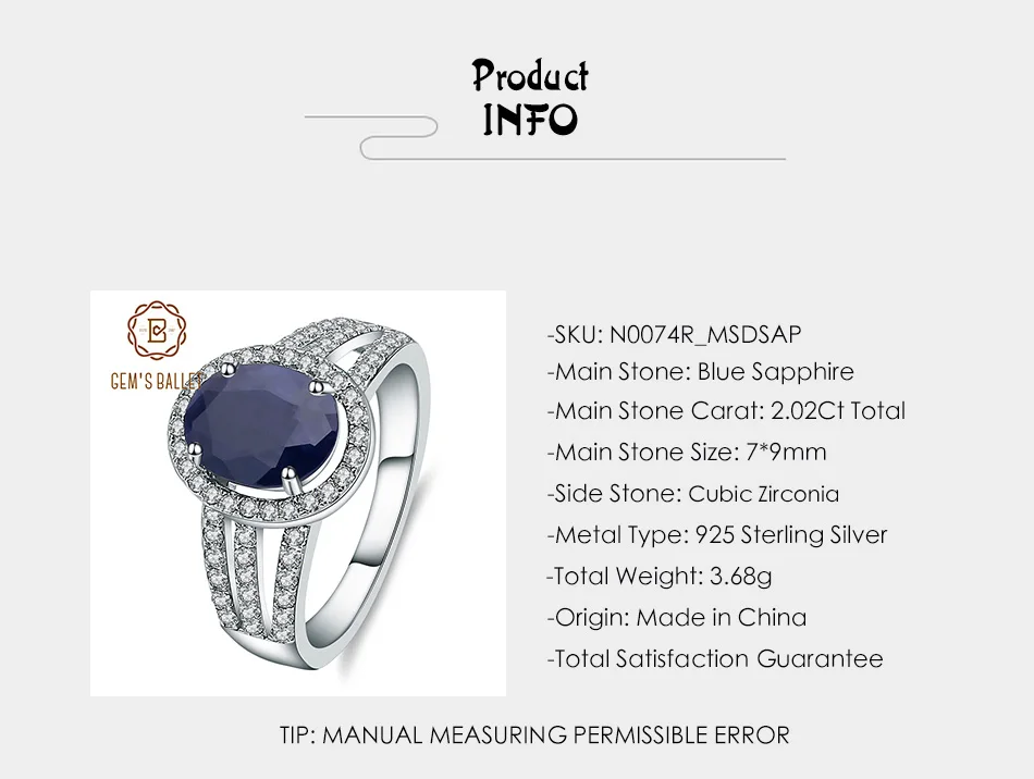 Gem's Ballet 2.02Ct натуральный синий сапфир драгоценный камень Обручальное кольцо 925 пробы серебро ювелирные украшения для женщин