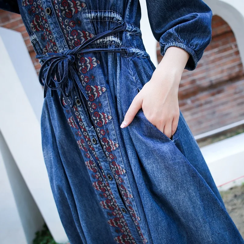 Ancient Style Teens Girls Denim Dress Embroidery V-neck Elastic Waist Fashion Casual Temperament A-line | Женская одежда