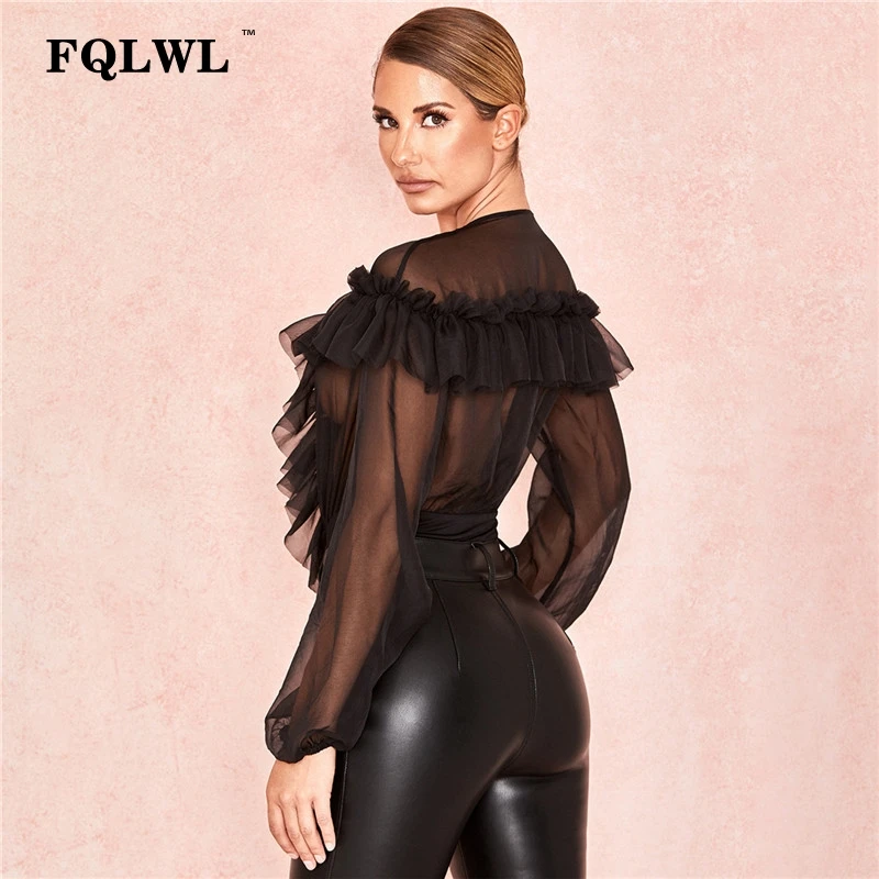 FQLWL, прозрачный, с оборками, с длинным рукавом, сетчатый, сексуальный, боди, для женщин, комбинезон, глубокий v-образный вырез, прозрачный, облегающий, черный, женский, боди