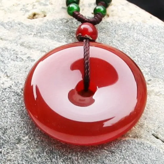 

red Agate Gemstone Happy Lucky Peace Buckle Circle Donut Amulet Pendant