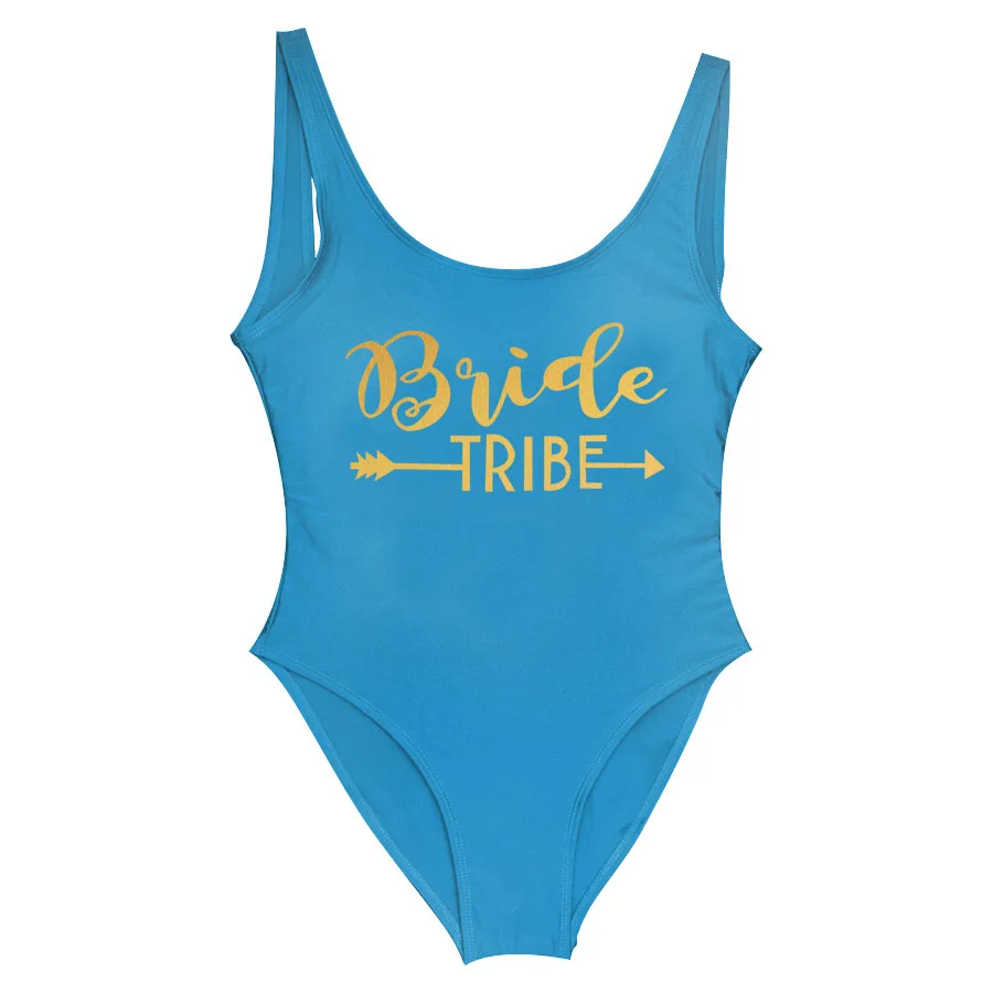 Bride Tribe sea blue Твердые Купальные костюмы Для женщин Одна деталь купальника надпись «Bride Tribe» спереди и сзади с принтом боди бакалавр бикини Вечеринка весело бра - Цвет: Bride Tribe sea blue