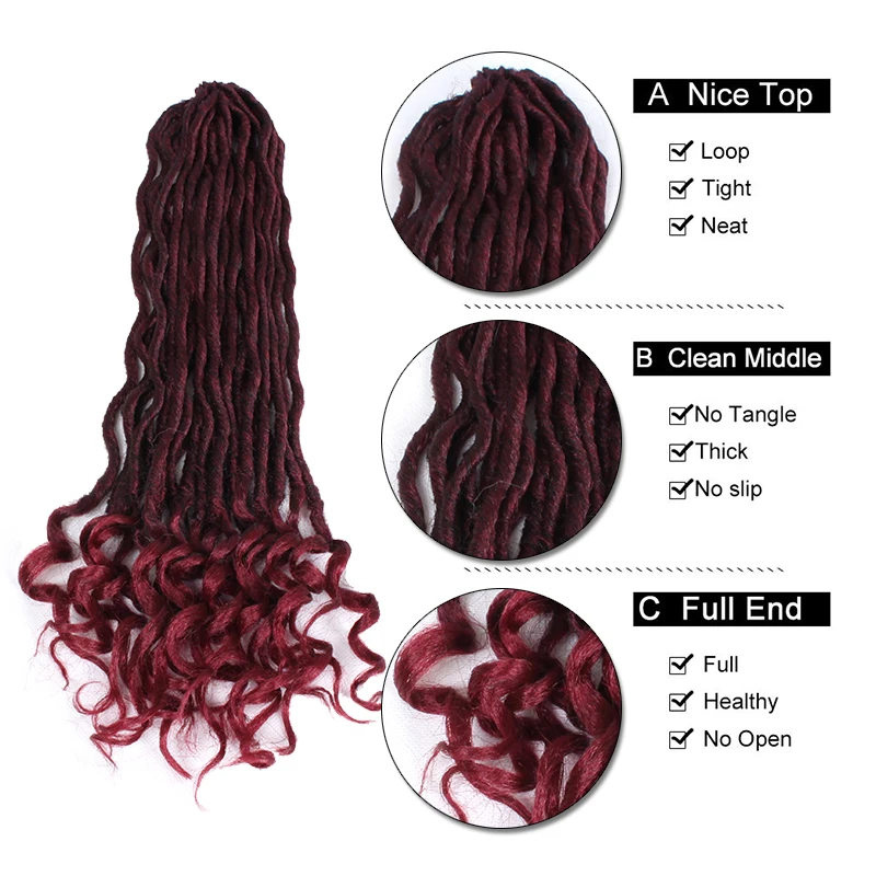 20 дюймов 22 корней/пакет Faux locs Curly конец бордового цвета на крючках косички волосы