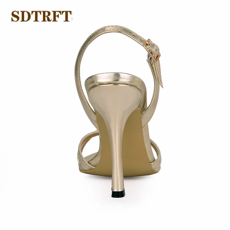 

SDTRFT Party Pumps summer Gold Sliver Patent Leather sexy 10cm thin heels Buckle shoes woman sandals wedding Mujer Sandalias