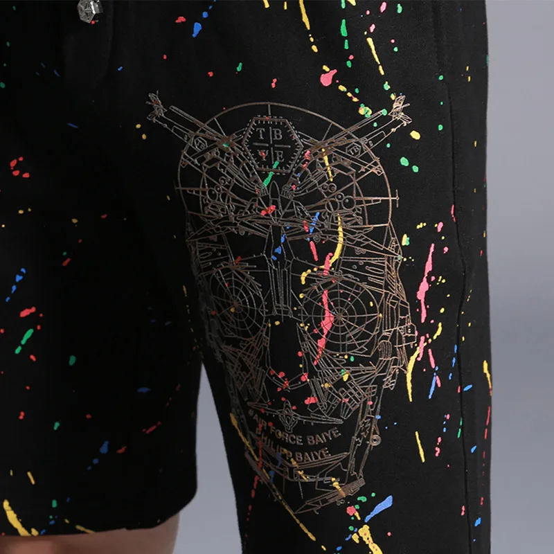 Шорты мужские хлопковые прямые до колен с принтом черепа на молнии|short trousers|shorts