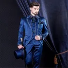Фотофон на заказ Голубая вышивка жениха мужской костюм фрак смокинги для женихов для мужчин свадебные костюмы для выпускного (пиджак + брюки + жилет)