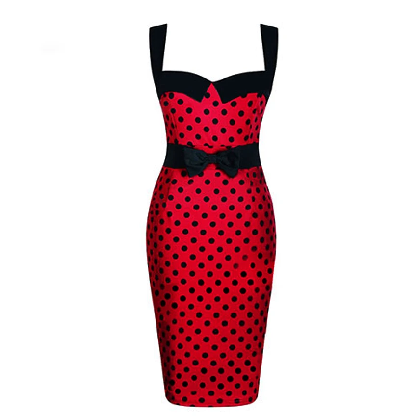 Женское платье карандаш в горошек красное синее без бретелек с бантом и высокой