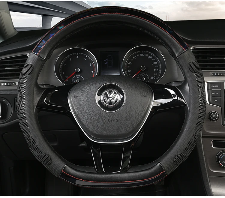 KKYSYELVA D Shape Leather Car Steering Wheel Cover Four Seasons Steering Wheel Hubs ForInterior Accessories