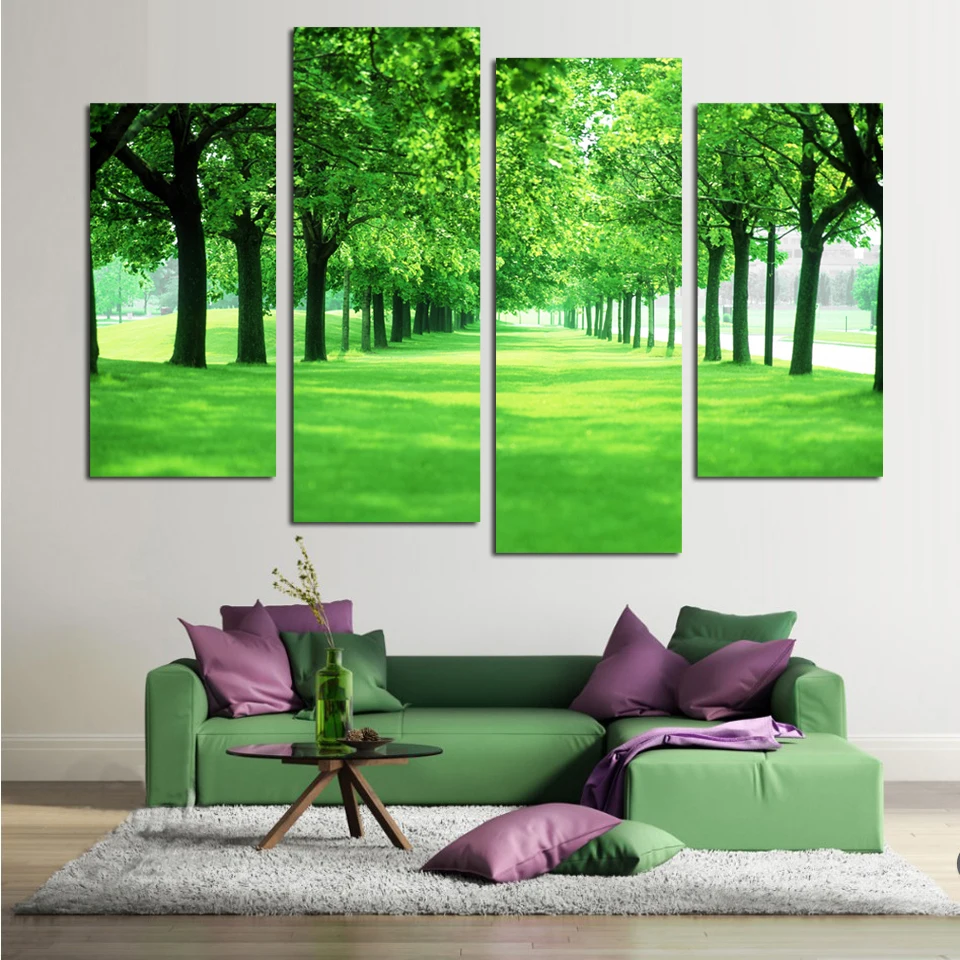 

Модульные настенные картины, 4 панели, зеленое дерево, холст, картина без рамы, пейзаж, настенные картины для гостиной