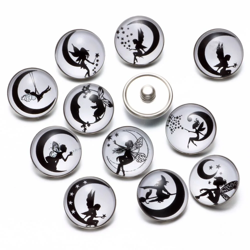 12pcs/lot Black&White Theme Moon & Fairy Pattern 18mm Snap Button Charms For Snaps Bracelet Jewelry KZ0633| |