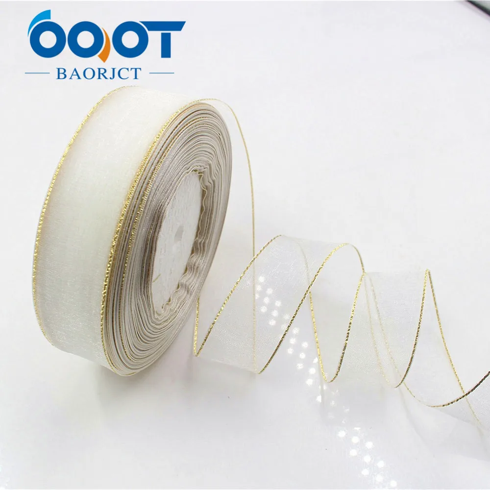 white OOOT BAORJCT 17102310,25 мм 50 ярдов/рулон Золотая Сторона прозрачная двухсторонняя лента из органзы - Цвет: white
