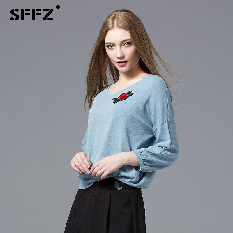 Женский свитер с цветочной вышивкой SFFZ повседневный тонкий круглым вырезом и