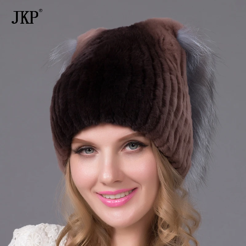 Шапка из натурального меха норки с ушками кролика теплая шерстяная вязаная шапка