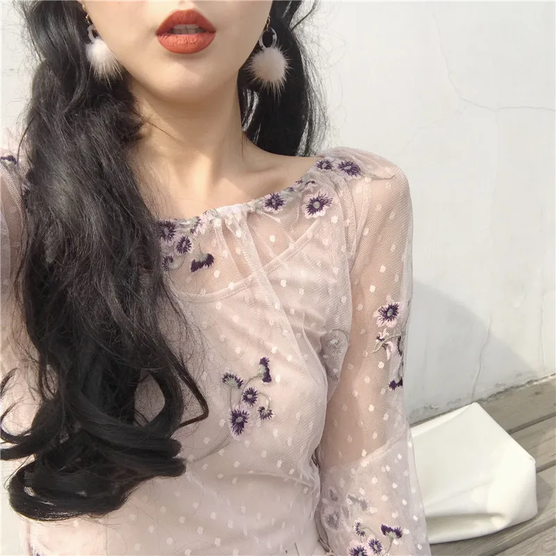 Lychee сетчатая блузка с цветочной вышивкой для девочек длинным рукавом вырезом