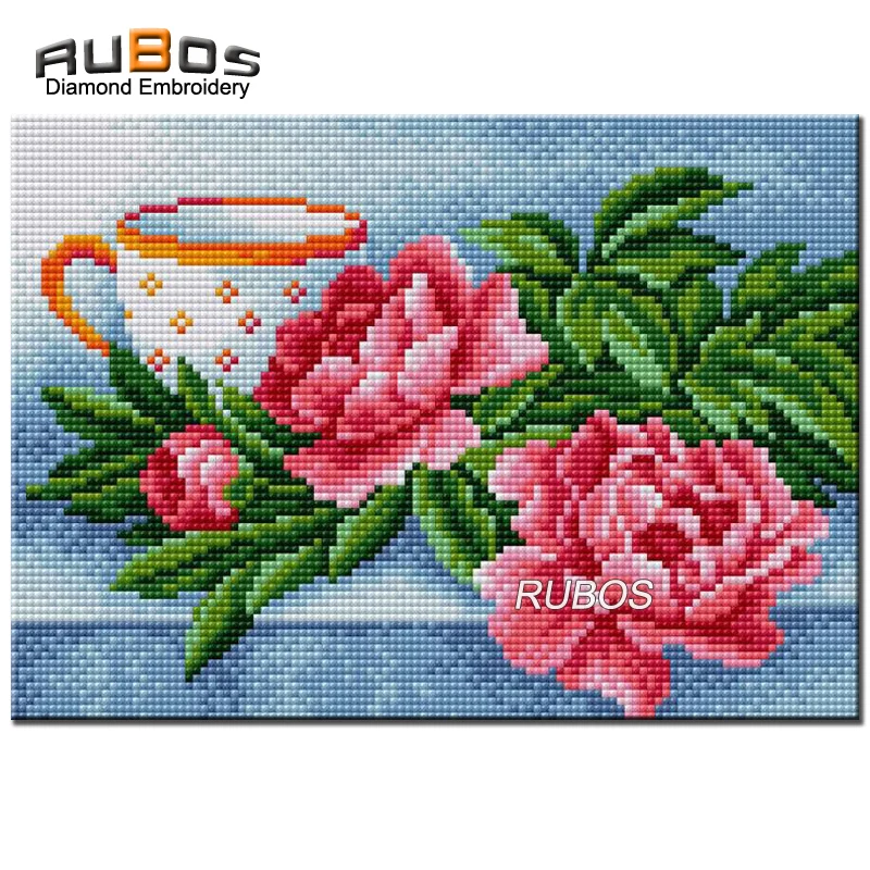 RUBOS DIY 5D алмазная Мозаика красные пионы розы чашки с цветочным узором полная Алмазная вышивка картина 3D картина наклейки на стену со стразами