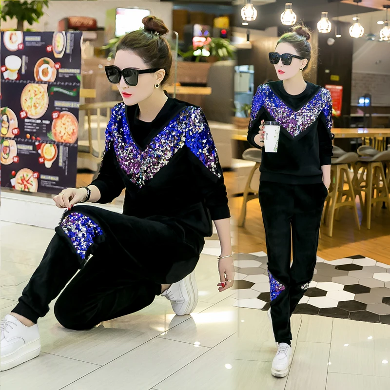 Спортивный костюм для женщин 2018 зима новый вышивка блестки бархат утолщаются