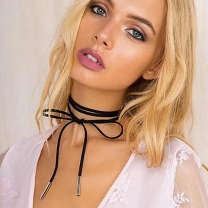 Горячая Черный ремешок чокер длинное ожерелье Черная кожа Веревка воротник