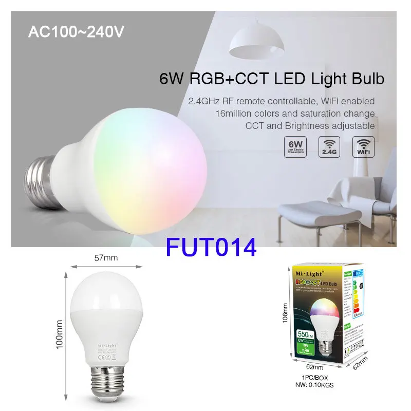 FUT014 6W Miboxer FUT013/FUT014/FUT012/FUT105 5 Вт 6 Вт 9 Вт 12 Вт E14 E27 Smart RGB CCT светодиодный светильник Blub лампа FUT092/FUT089/T4/B8 2,4 г пульт дистанционного управления - Испускаемый цвет: FUT014 6W