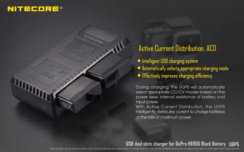 1 шт. Nitecore UGP5 для gopro hero 5 черный USB двойной Слоты Зарядное устройство gopro hero 5 gopro hero 6 gopro hero 7 черный аккумулятор
