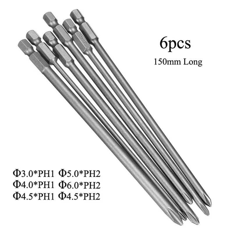 Drillpro 6 шт хвостовик 1/4 дюймов S2 легированная сталь 150 мм Длинный магнитный шестигранный для крестовых головок Набор отверток PH1 PH2 головка отвертки