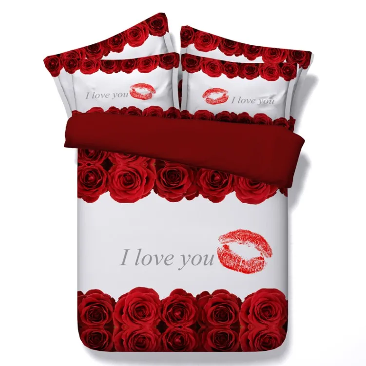 bedding set Красный комплект постельного белья с розой любовь роскошное 3D одеяло пододеяльник постельное белье Cal King queen размер кровать в сумке простыня белье полный двойной 4 шт - Цвет: bedding set