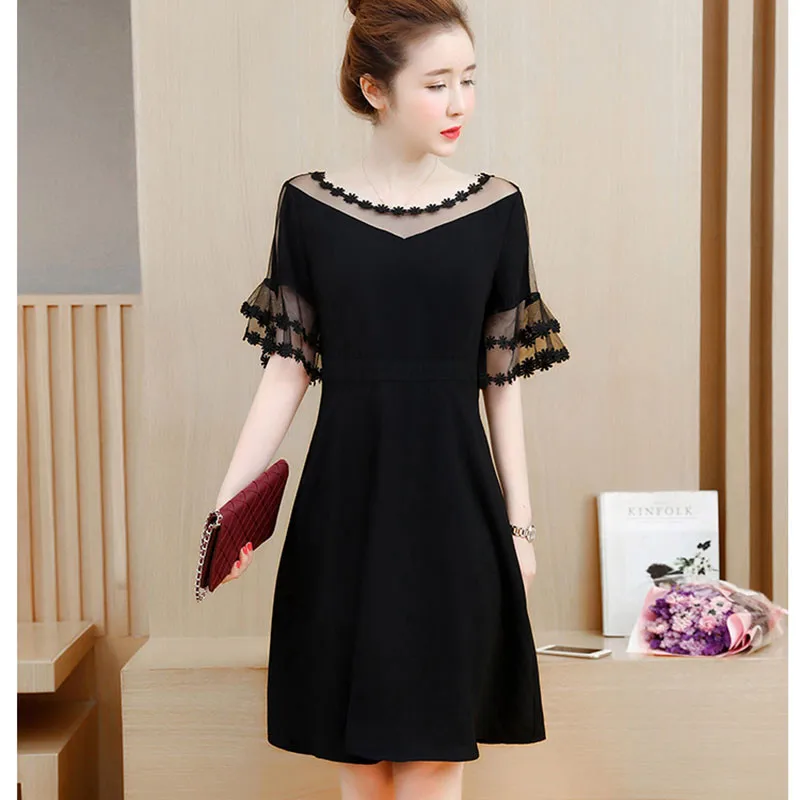 2019 летнее Элегантное Черное Сетчатое платье для женщин с рукавом бабочкой платья