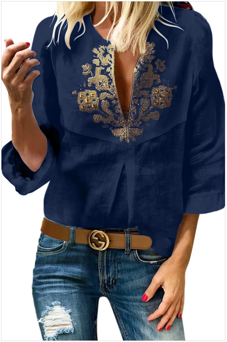 Boho вышитая V шеи 3/4 рукав Повседневная Блузка