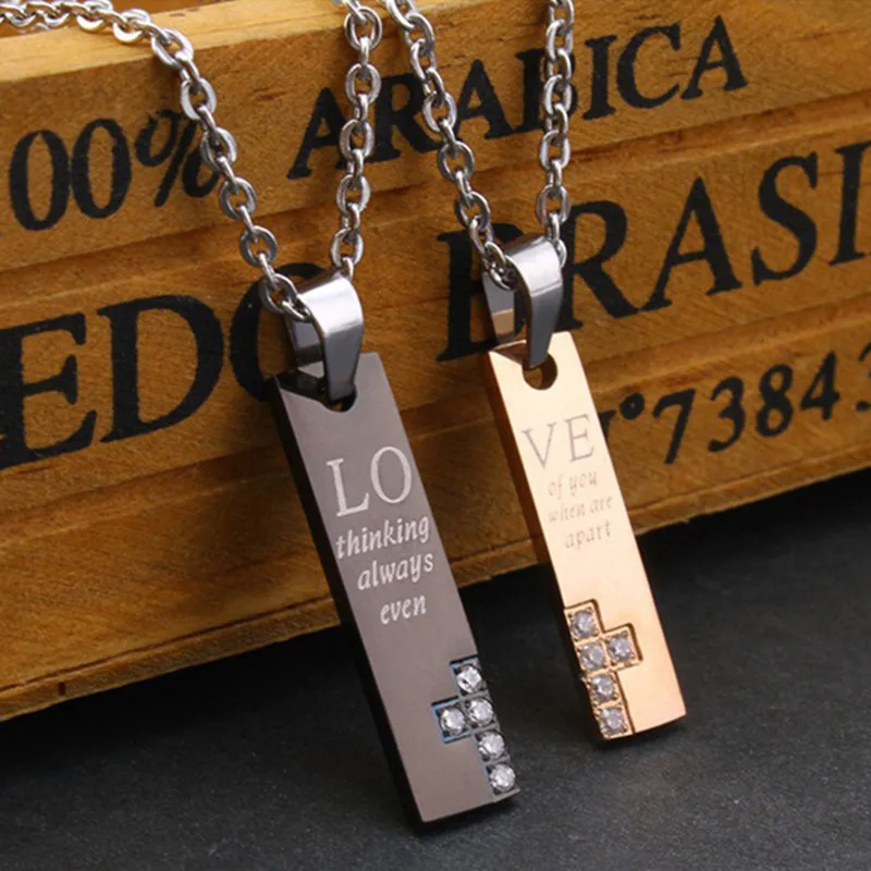 

Fashion Love Couples Necklace Titanium Stainless Steel Rectangular Pendant His Hers Matching Set Lovers Necklace for Men Women