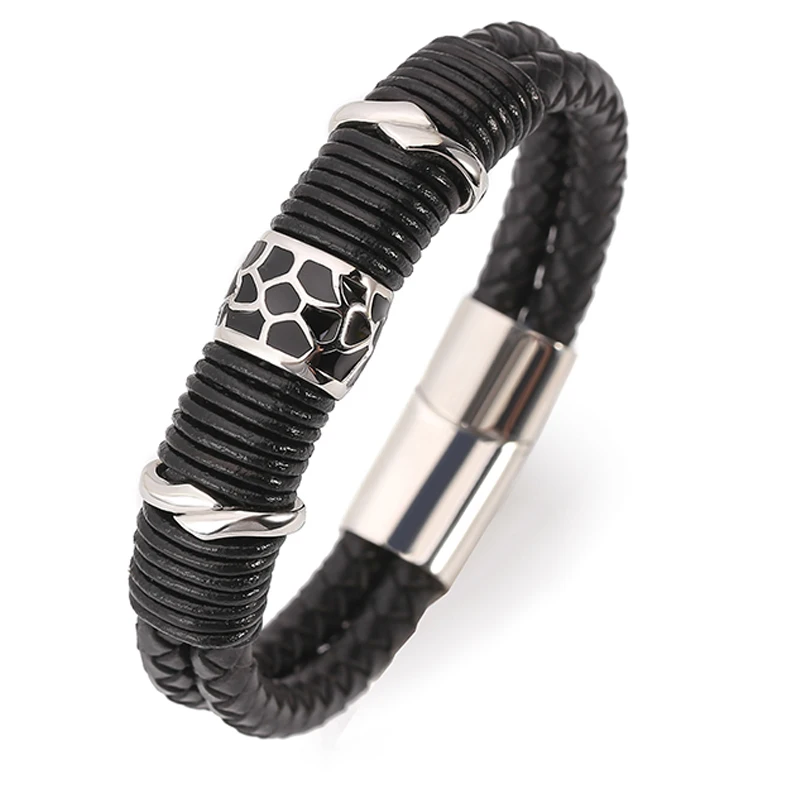 2018 Модные мужские браслеты панк черный плетеный двойной кожаный браслет из