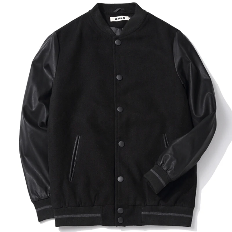 

School Team Uniform Men Black Leather Sleeves Baseball Varsity Jacket College Letterman Coat Plus Size 5XL 6XL