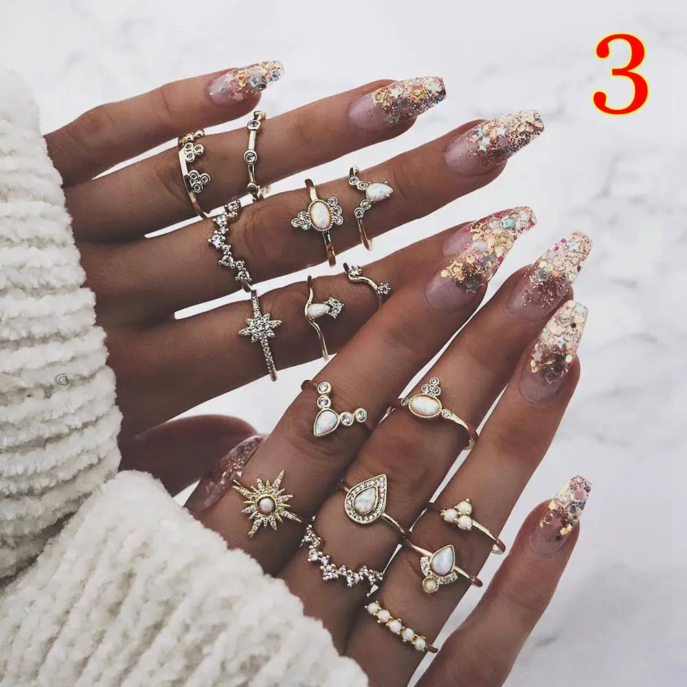 3-16PCS 1 комплект, винтажные кольца для женщин геометрической формы, в стиле бохо, серебряная черепаха, Кит, хвост, волны, набор колец, кастет пальца, очаровательные волнистые кольца, ювелирные изделия - Цвет основного камня: 3-16PCS