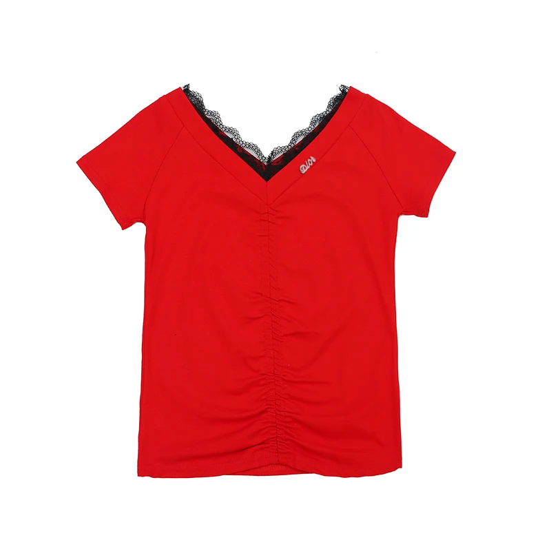 С v-образным вырезом Лоскутная Кружевная футболка 2019 Новая летняя женская модная