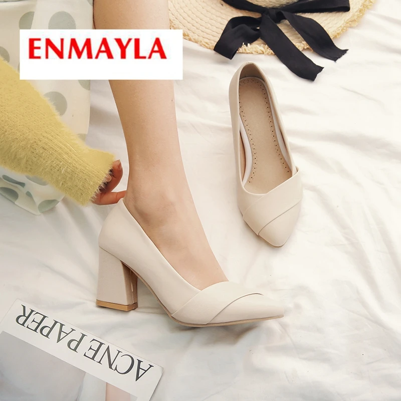 

ENMAYLA 2019 Basic High Square Heel Mary Jane Shoes Pointed Toe Office & Career Women High Heels Size 34-43 LY2176