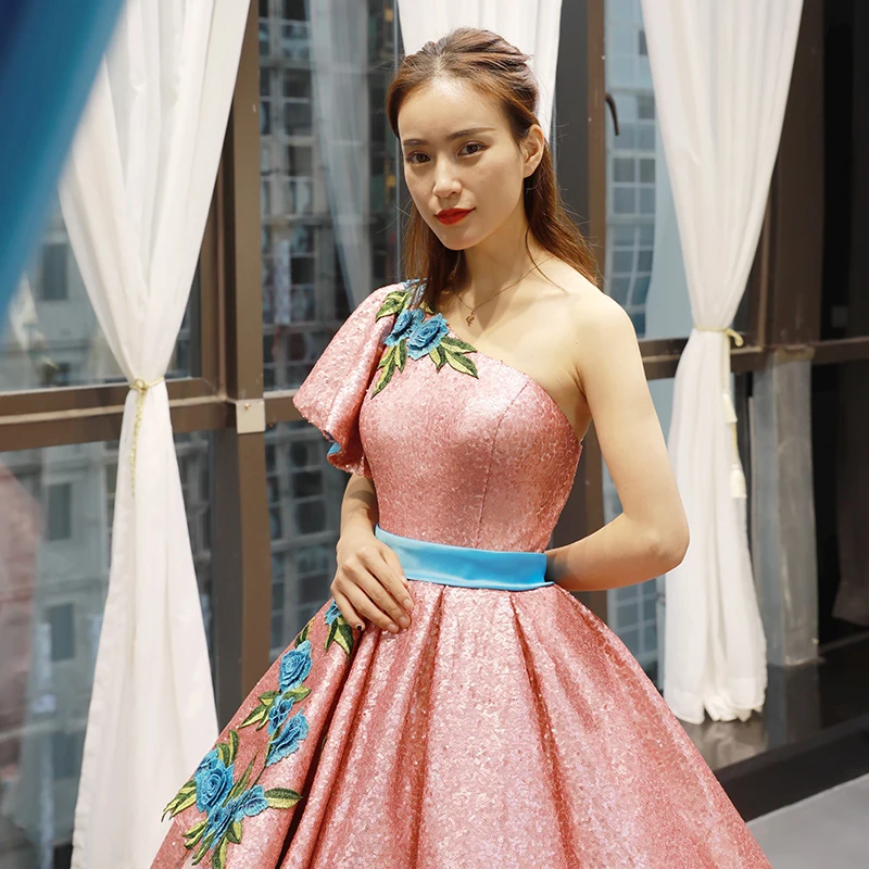 J66738 jancдекабря розовые платья Quinceanera 2020 на одно плечо с коротким рукавом