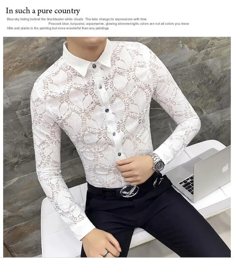 Для мужчин свадебные Кружевная рубашка, Новая мода Для мужчин See Through Рубашка Выходные туфли на выпускной бал прозрачная рубашка пикантные с длинными рукавами CHEMISE Homme рубашка