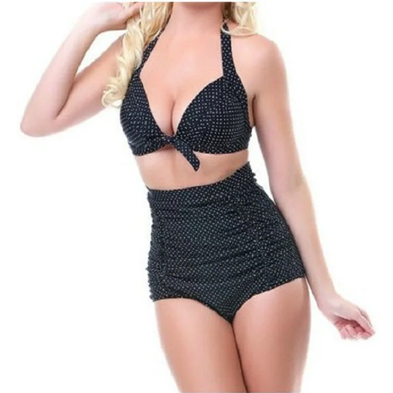 New Arrival Retro Wave Point Swimsuit Ladies Sexy Push Up Halter High Waist Bikini Set Swimwear Maillot De Bain Bathing Suits |