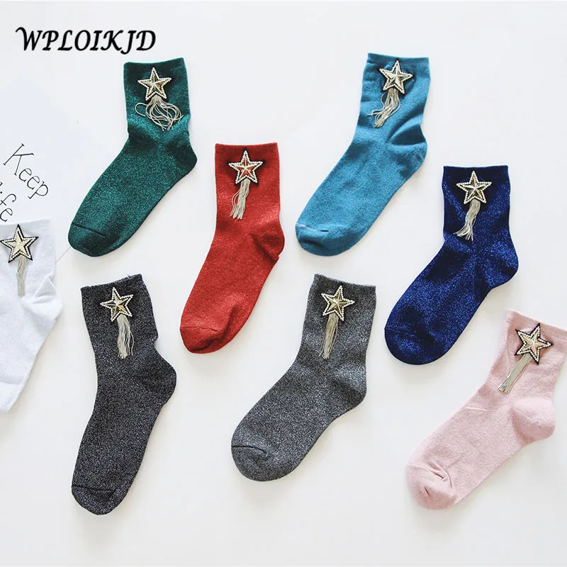 

[WPLOIKJD]Creative Fashion Harajuku Shiny Silver Silk Pentagram Tassel Socks Women Princesses Meias Sox Calcetines Mujer