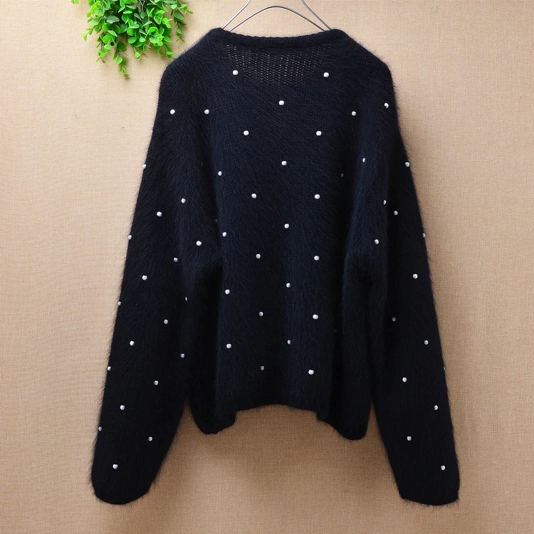 Ladies women tops black loose plush beading angora rabbit fur knitted long sleeves cardigan mantle sweater coat autumn winter |