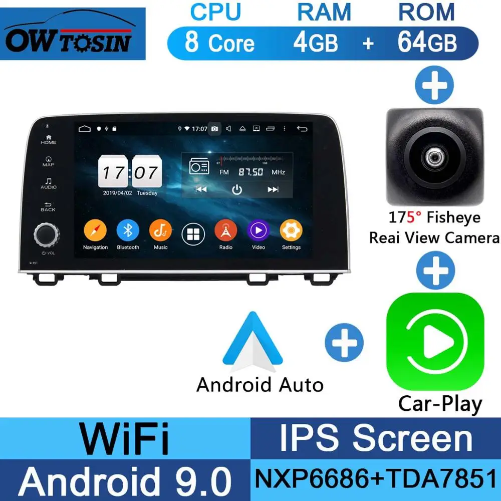Fisheye Carplay n A " ips 8 ядерный 4G+ 64G Android 9,0 автомобильный DVD мультимедийный плеер для Honda CRV CR-V gps Радио Стерео Parrot BT CarPlay - Цвет: Fisheye Carplay n A