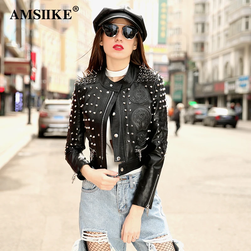 AMSIIKE Женская куртка осень весна в шипах из экокожи A17215|pu jacket|leather pu jacketpu leather jacket women