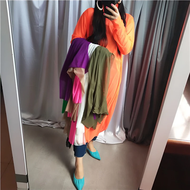 [EAM] New Autumn Winter High Collar Long Sleeve Black Mesh Perspective Colorful Long Big Size Dress Women Fashion JU790
