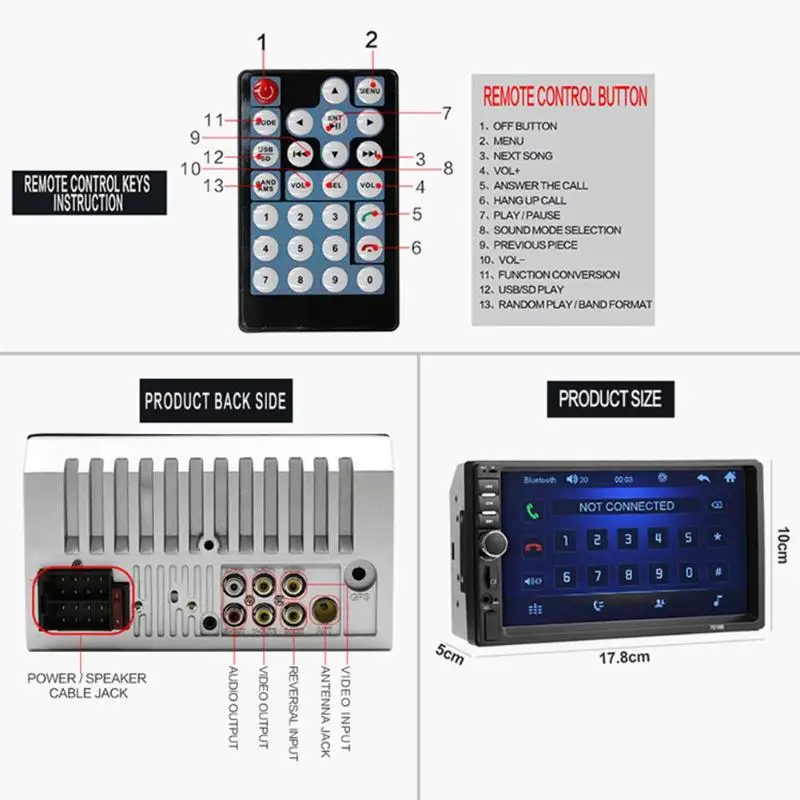 7 дюймов сенсорный экран Экран Bluetooth стерео MP5 плеер FM Радио USB AUX w/ 8LED Камера