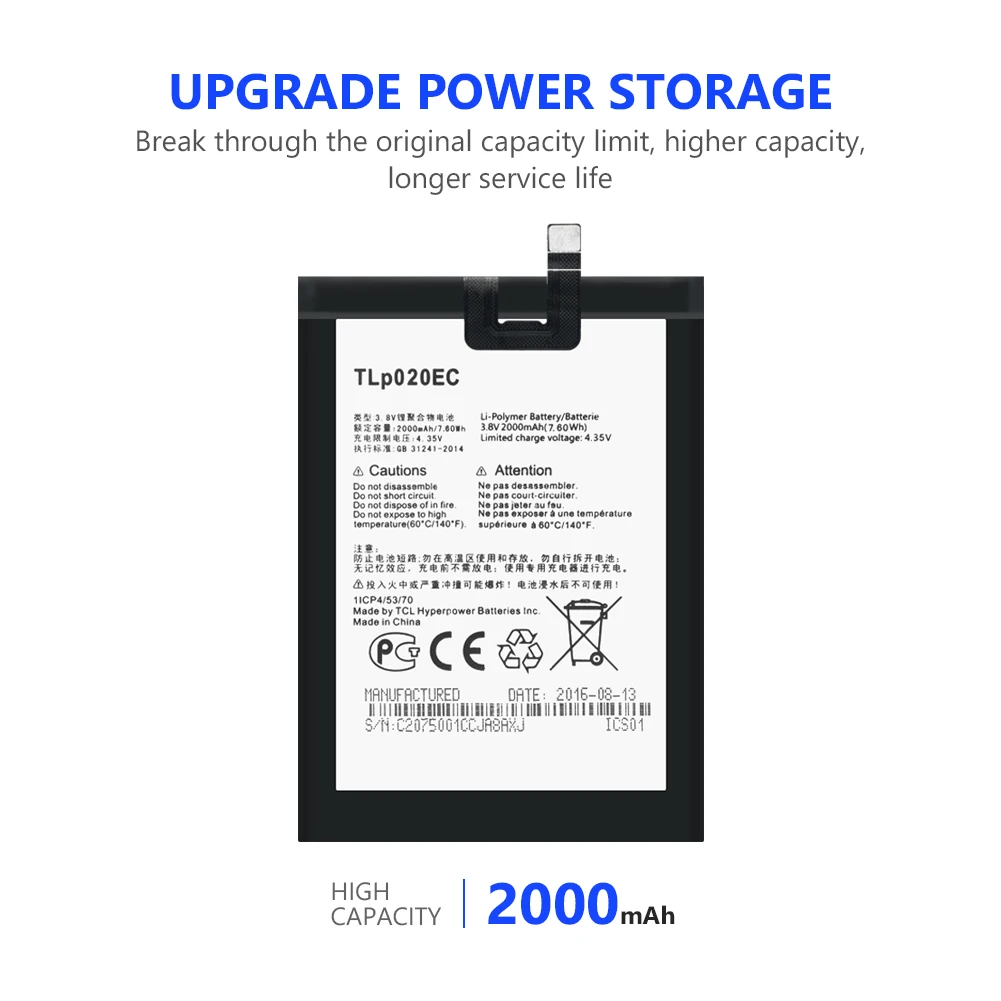 YCDC новая 2000 мА/ч TLp020EC Батарея для Alcatel POP UP 6044D Перезаряжаемые литий-ионный