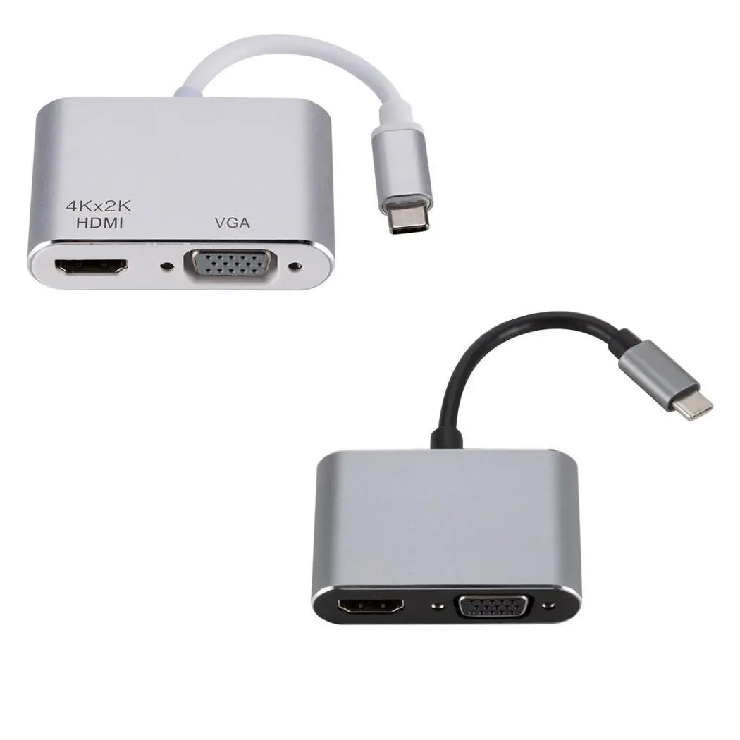 Портативный 4 K type C в HD мультимедийный интерфейс VGA адаптер x 2 серебристый серый