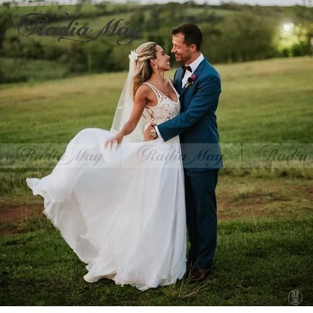 Sexy V-Neck Open Back Chiffon Country Wedding Dress Vintage Lace Beach Boho Bridal Dresses Cheap Wedding Gowns Free Shipping