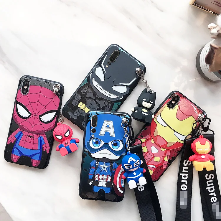 Cute 3D Avengers Heroes Back Cover for Huawei P30 lite P20 pro P10 plus nova4E /nova3 3E Spider Iron Man back Cover+toy+Straps |