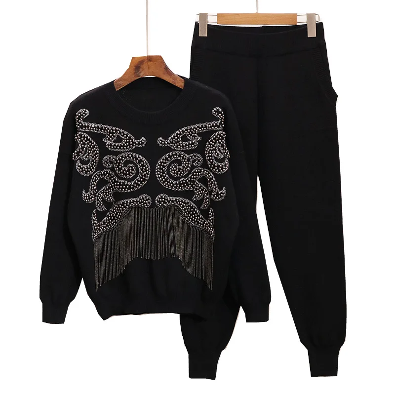 

Women Winter Tassel Sweaters Pants Set Handmade Pearls Long Sleeve Knitted Pullover Tops Trousers 2PCS Suits RE2475