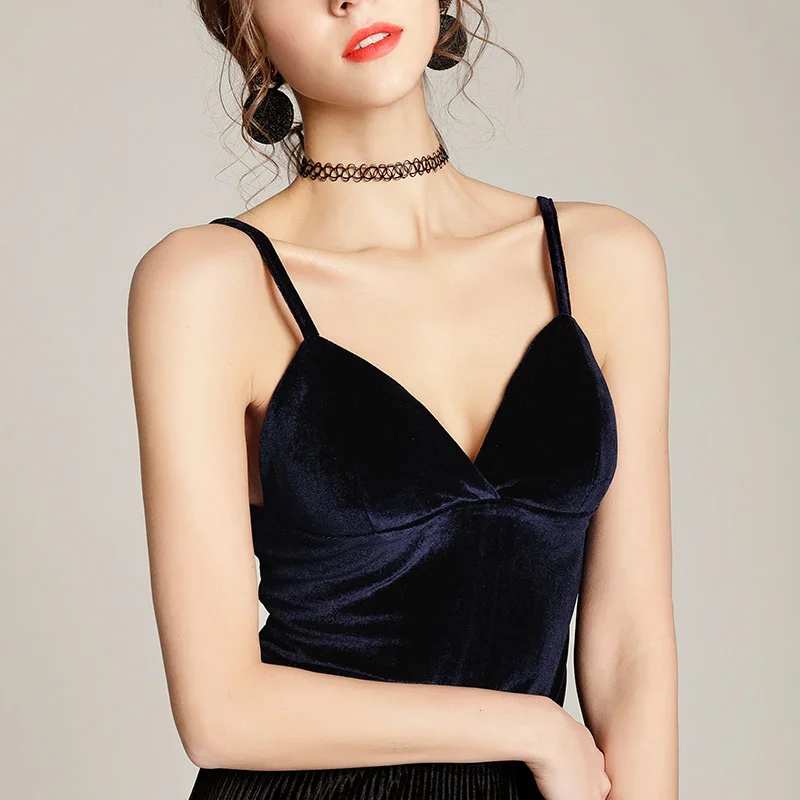 

Europe and the United States new ladies gold velvet short vest Sexy V-neck solid color chest pad camisole